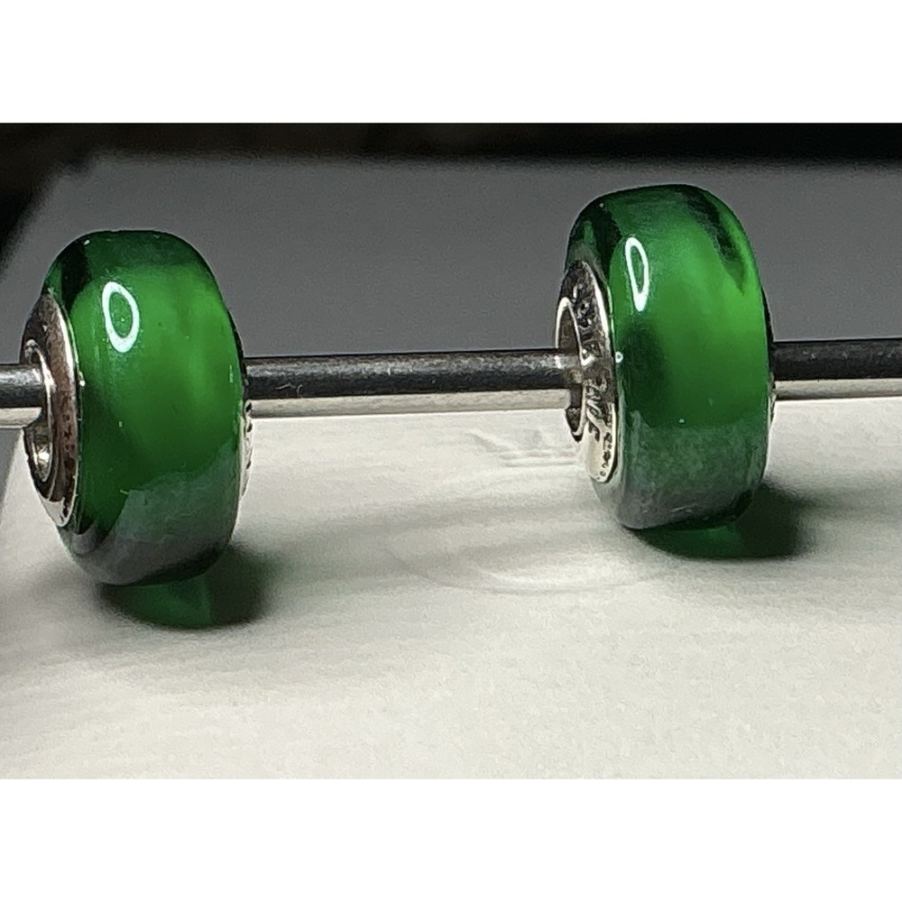 Pandora Green Murano Glass Charms Pair ALE 925 Sterling Silver Beads
